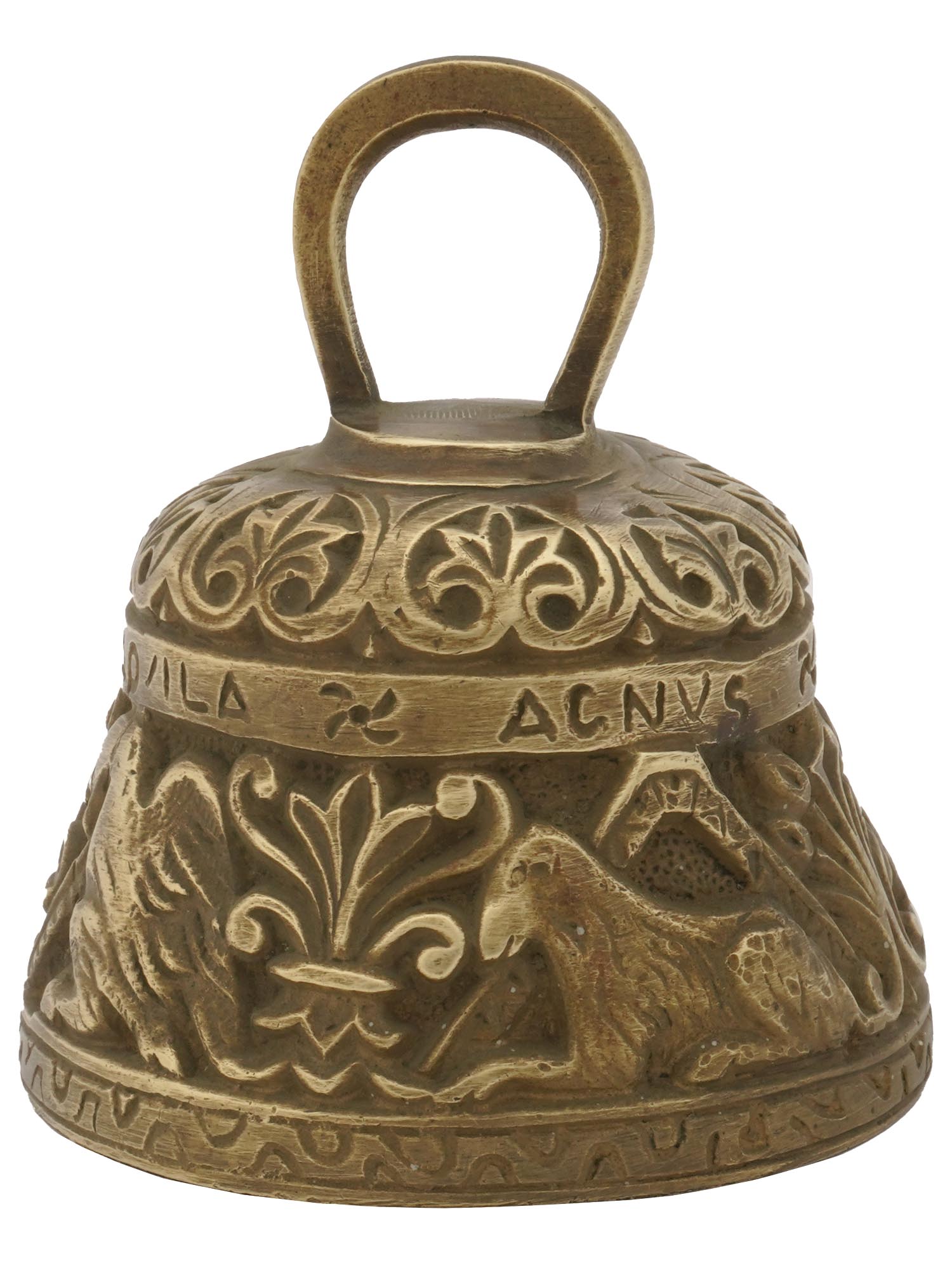 CAST BRONZE CHURCH HAND BELL WITH ANIMAL RELIEF PIC-0